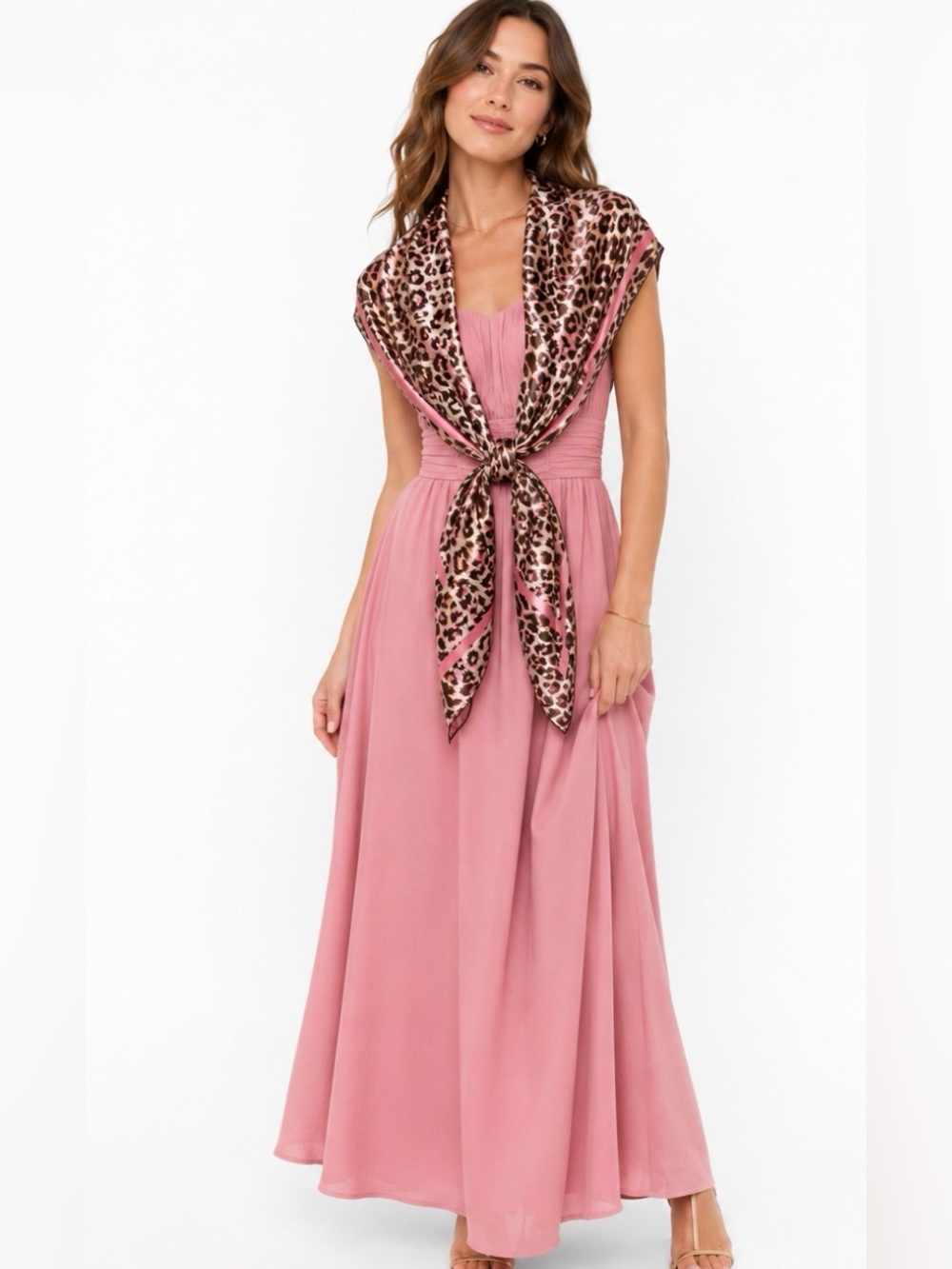 Silky Leopard Print Wrap Scarf in Pink and Brown